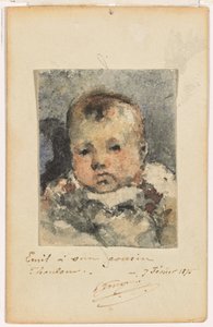子供の肖像、1875年2月7日（オリジナルの名刺の上に敷かれた紙に水彩画） 作： Paul Gauguin
