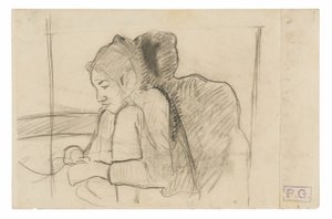 座っているタヒチの女性 (右)、オンドリとニワトリのスケッチ (裏面) 作： Paul Gauguin