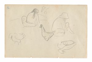 座っている人物とニワトリのスケッチ (右)、裸の女性のトルソ (絵画 Te a no areois [The Seed of the Areoi] に関連) (裏面)、Carnet de Tahiti (タヒチのスケッチブック) より 作： Paul Gauguin