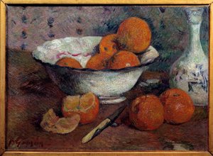 オレンジのある静物画。ポール・ゴーギャン（1848 - 1903）の絵画、1880年頃。キャンバスに油彩。薄さ0.33×0.46m。レンヌ、美術館 作： Paul Gauguin