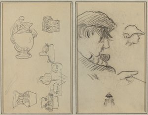 水差しと花瓶の研究; 口ひげを生やした男と帽子をかぶった少年 [右] 作： Paul Gauguin
