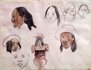 タヒチアンの頭。ポール・ゴーギャン（1848-1903）の水彩画 作： Paul Gauguin