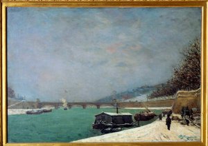 雪の日のポン・デ・エナのセーヌ川：雪の下のパリの風景。ポール・ゴーギャン（1848-1903）の絵画 作： Paul Gauguin