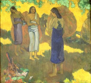 黄色の背景に3人のタヒチの女性 作： Paul Gauguin