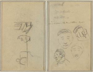 フィギュア2体とベンチ。 男性の頭と手の 1 つの研究 [直訳] 作： Paul Gauguin