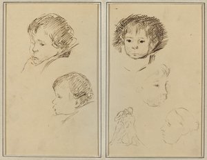 子供の頭の 2 つの研究。 子供の頭、横顔の女性、動物とレスリングする男性の 2 つの習作 [直訳] 作： Paul Gauguin