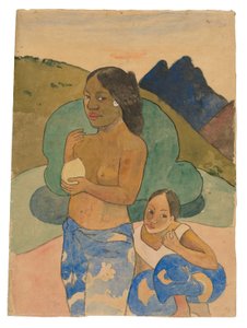 風景の中の2人のタヒチの女性、1892年頃（水彩とガッシュ） 作： Paul Gauguin