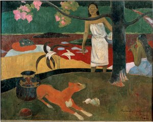 二人のタヒチアン女性と一匹の犬。(タヒチアンパストラル）。)ポール・ゴーギャン（1848-1903）の絵画 作： Paul Gauguin
