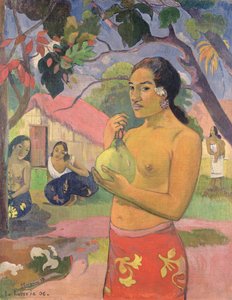 果物を持っている女性;どこへ行くのか（Eu haere ia oe）、1893（帆布に油彩） 作： Paul Gauguin