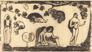 女性、動物、葉 1895年以降の女性、動物、葉。 作： Paul Gauguin