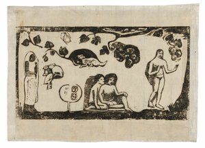 女性、動物、葉、後期木版画組曲より 作： Paul Gauguin