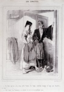 階段で男性について会話する2人の貧しい女性、「Les Lorettes」、Gavarni、1840年頃。 作： Paul Gavarni