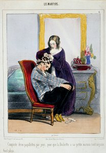 息子にカーラーをつける母親。ポール・ガヴァルニ（1804-1866）のカートゥーン 19世紀パリ、装飾美術 作： Paul Gavarni