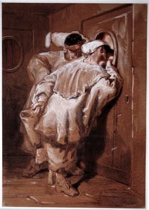 コメディア・デラルテ「ポール・ガヴァルニ（1804-1866）によるデッサン 19世紀 パリ、ルーヴル美術館蔵「劇場の下宿を覗く二人のピエロまたはポリチネル 作： Paul Gavarni
