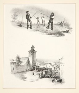 2 つの科目: ダブル決闘。 教会前の群衆 作： Paul Gavarni