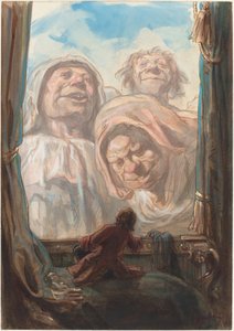 Brobdingnag の地で 3 人の巨大な物乞いに畏敬の念を抱くガリバー 作： Paul Gavarni