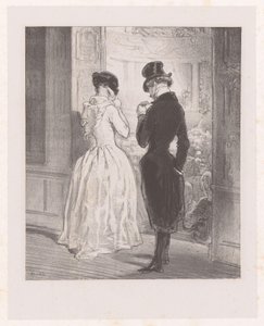 舞踏室の前で仮面をかぶった女性と男性 うね調査 カーニバル（シリーズタイトル） Oeuvres nouvelles de Gavarni. カーニバル（シリーズタイトル） 作： Paul Gavarni