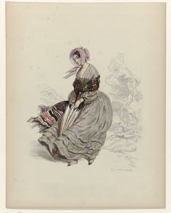日傘をさして風の中を歩く女性、1840年 作： Paul Gavarni