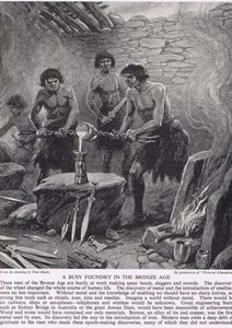 青銅器時代の忙しい鋳造所、「イギリス人の物語」、c.1950のイラスト