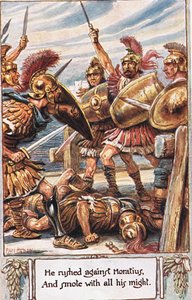 彼はホラティウスに殺到し、彼の全力を尽くして、「古代ローマの産卵」のイラストをトーマス・バビントン・マコーレーによって描いた。