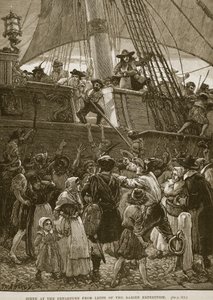 ダリエン遠征のリースからの出発のシーン、「カッセルの図解されたイングランドの歴史」のイラスト（セピア写真） 作： Paul Hardy