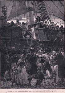 AD1698年ダリエン探検隊のリースからの出発シーン（リトグラフ 作： Paul Hardy