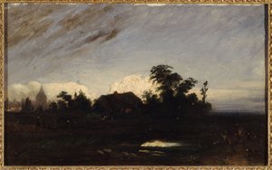 夕暮れのラ・グラシエール近くの池 作： Paul Huet