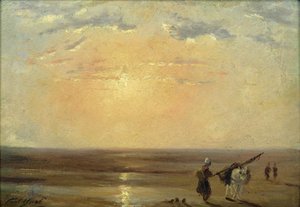 夕日のあるトルヴィルのビーチ 作： Paul Huet