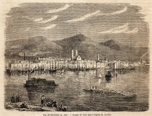 モントリオールの眺め、ポール・ユエ（1803-1869）が1854-1855年の北アメリカへの航海を説明するために描いたもの、L.ドゥヴィル作。1861年「Le tour du monde」に掲載されたエングレーヴィング。セルバのコレクション。 作： Paul Huet