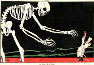 カイザーと死第一次世界大戦1914-1918年。血の海の中で骸骨に脅かされるウィリアム2世（1859-1941）。メカニックを強調し、ドイツ人の愚かさをあざ笑うことで、戦時中のフランス人の士気を支えた漫画。の絵を描いている。