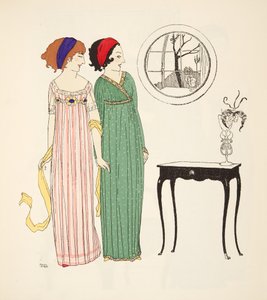 Les Robes de Paul Poiretパブからの2つのエンパイアラインデイドレス。 1908（ステンシルプリント） 作： Paul Iribe