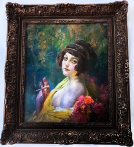 アンティークの頭飾りをつけた女性 作： Paul Jean Gervais