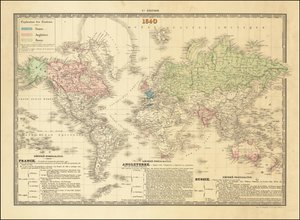 1840年、イギリス、フランス、ロシア帝国の領土を描いたフランスの世界地図 作： ポール・ケッペリン