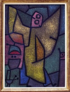 アンジェラスの民兵。 パウル・クレー (1879-1940) の絵画、油彩、ジュートのデトランペでの描画、接着剤の背景