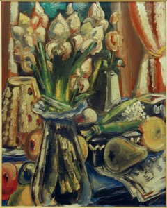 アイリスの花束のある静物画 作： Paul Kleinschmidt