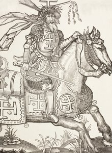 ゴドフリー・オブ・ブイヨン、1060-1100年、中世フランク王国の騎士。第一回十字軍の指導者。キリストの受難の道具を戴く。15世紀の木版画による。