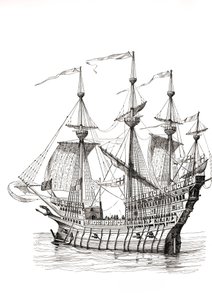 1520年、イングランドからフランスに向かったヘンリー8世が、フランシス1世と「黄金の布の戦場」で会うために乗った戦艦。ホルベインのデッサンによる。
