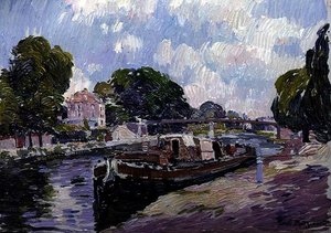 ブギバルの運河の船」（油彩・ボード） 作： Paul Mathieu