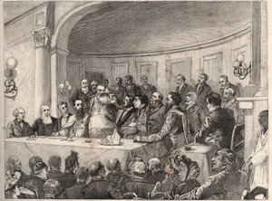 1890年9月21日、22日、23日にパリの地理学会で、ジュール・シモン、エミール・ケラー、モンセーニュール・ラヴィゲリーの出席のもとに開催された反奴隷制議会の様子。1890年の「The Illustrous World」に掲載されたPaul Merwartの絵をもとにしたエングレーヴィング。 作： Paul Merwart
