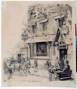 キャバレー・デュ・シャット・ノワールの入り口の様子。ポール・メルワート（1855-1902）によるインク・ドローイング 19世紀 パリ、カルナヴァレ美術館（Musee Carnavalet 作： Paul Merwart