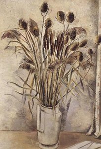 白い水差しの中のブルラッシュのある静物 作： Paul Nash