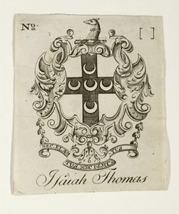 アイザイア・トーマス（1749-1831）の蔵書票、c。 1765-1770（簀の紙への彫刻） 作： Paul Revere