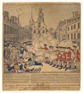 1770 年 3 月 5 日にボストンのキング ストリートで起きた血まみれの虐殺。 作： Paul Revere