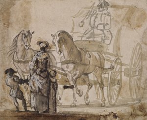 馬車とペア、コーチマン付き（紙に白で強調されたグレーとブラウンのウォッシュ） 作： Paul Sandby