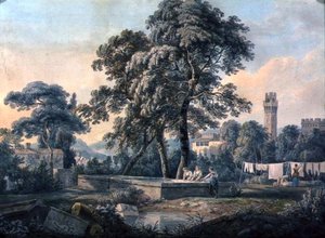 水洗式プールのそばに女性がいるイタリア風風景画 作： Paul Sandby