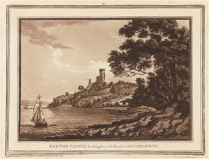 ベントン城、ミルフォード ヘブンへの道を見下ろす 作： Paul Sandby