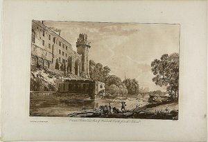 島から見たシーザーズ タワーとウォリック城の一部、ウォリック城の眺めのプレート 3 作： Paul Sandby