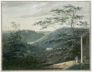 滝と寺院のある風景 作： ポール・サンドビー