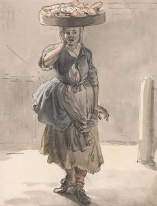 ロンドンの叫び-頭にバスケットを持った少女（猫用のライト、犬用の肝臓） 作： Paul Sandby