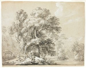 川沿いの木の下に座っている男と犬 作： Paul Sandby